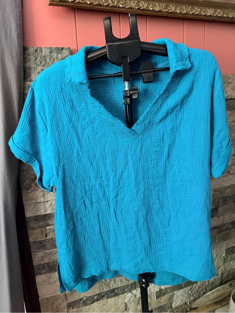 ZENANA Washed Double Cotton Gauze Raw Edge Collared V-Neck Top Size Medium